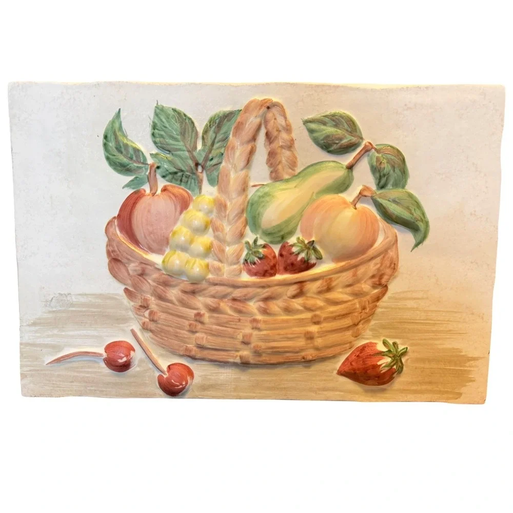 Vintage Ceramic Fruit Basket Wall Plaque 3D Relief Hand Painted Farmhouse 12x9